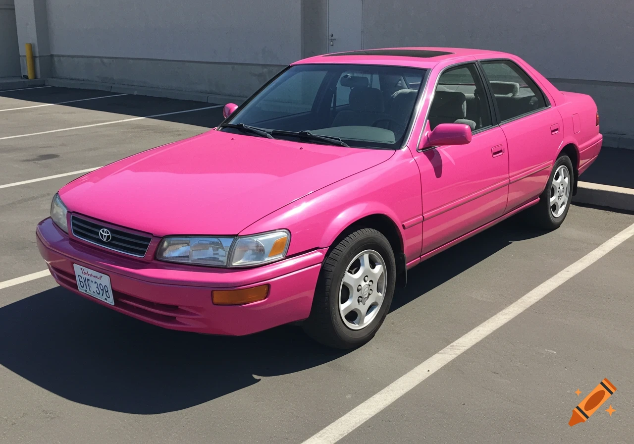 A bright pink Toyota Camry sedan parked in a sunny outdoor parking lot.