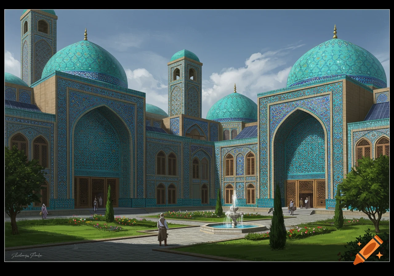 A grand building inspired by Persian architecture with blue and teal tiles, multiple domes, and minarets, set in a sunny courtyard with a fountain and green trees.