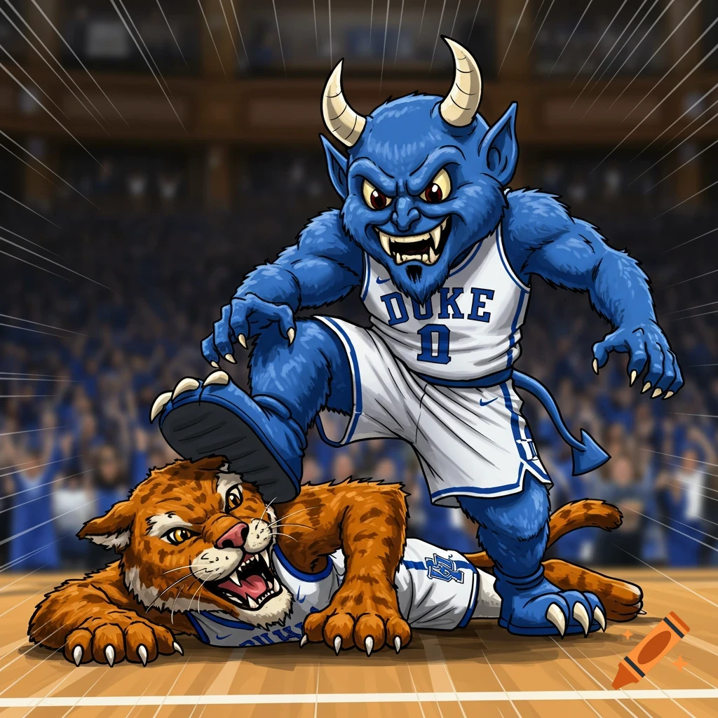 A blue devil mascot steps on an orange tiger mascot on a basketball court, cartoon style.