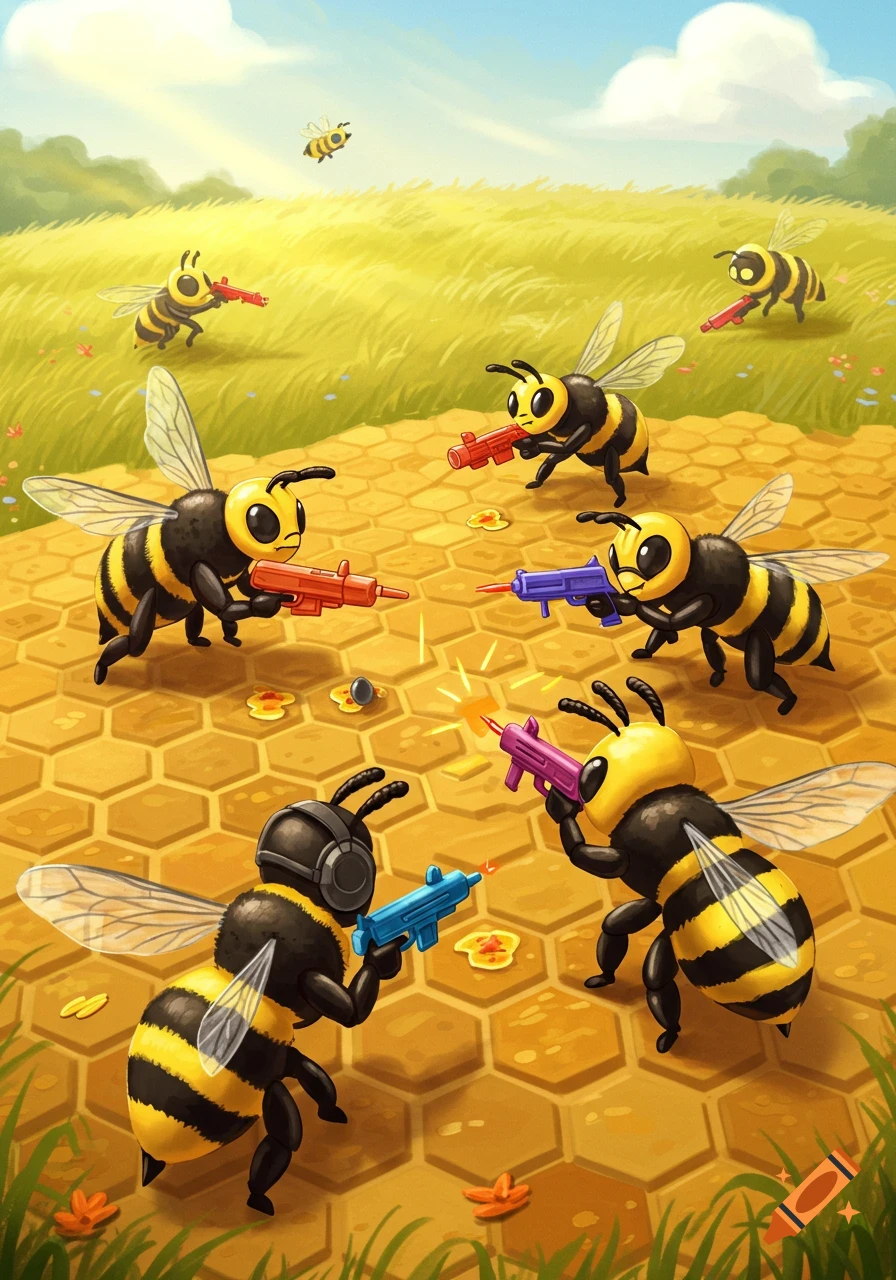 Cartoon bees engage in a playful battle on a giant honeycomb, holding colorful toy guns in a sunny field.
