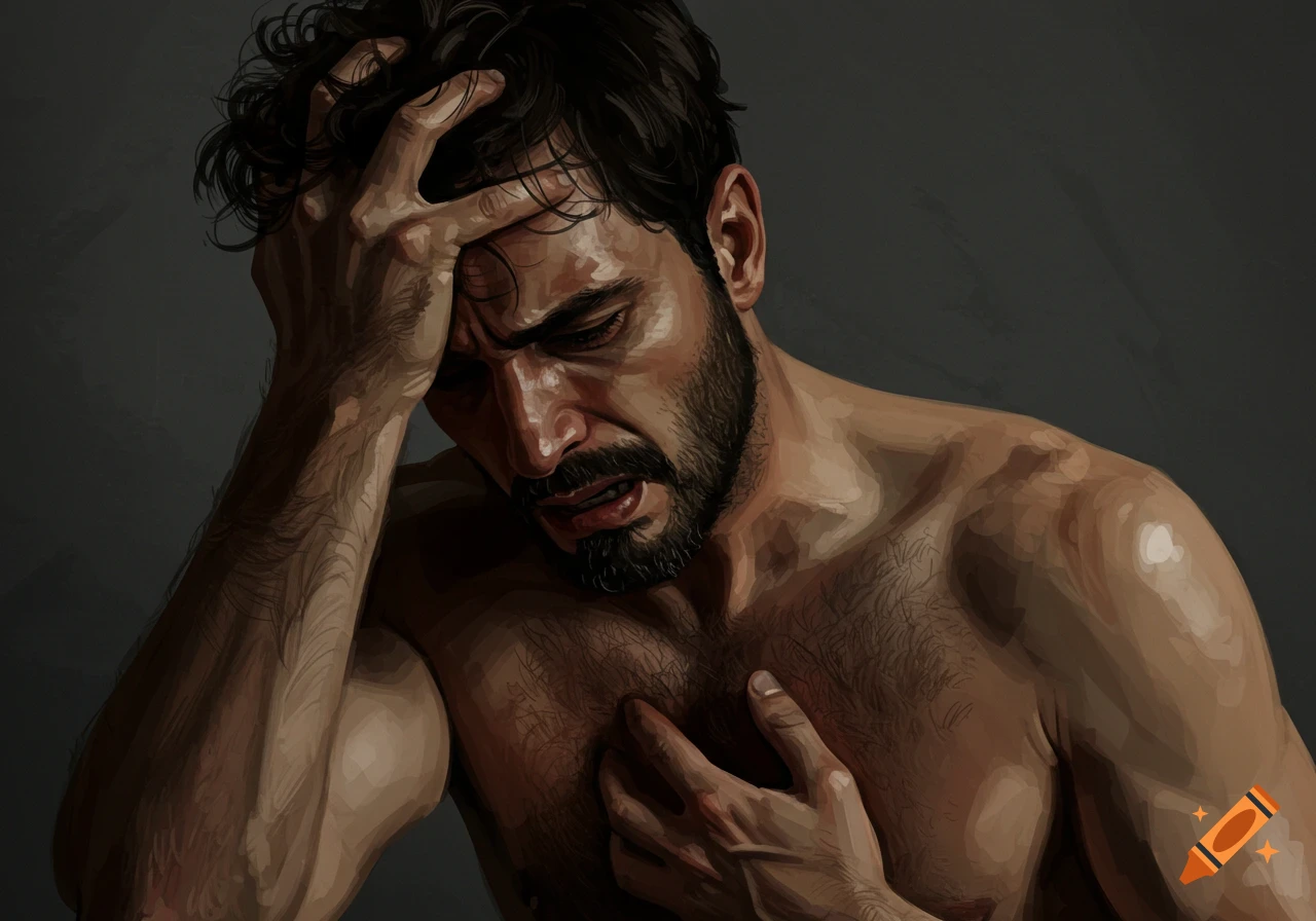 A close-up digital painting of a distressed man with a beard, gripping his chest and hand on his head.