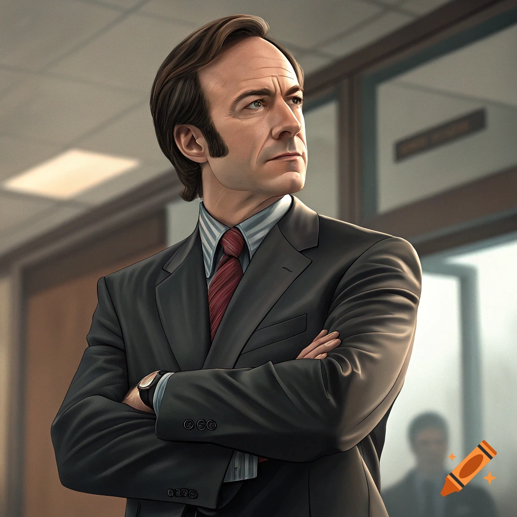 A photorealistic portrait of a man resembling Saul Goodman in a suit, with dark brown hair and crossed arms, looking right in an office setting.