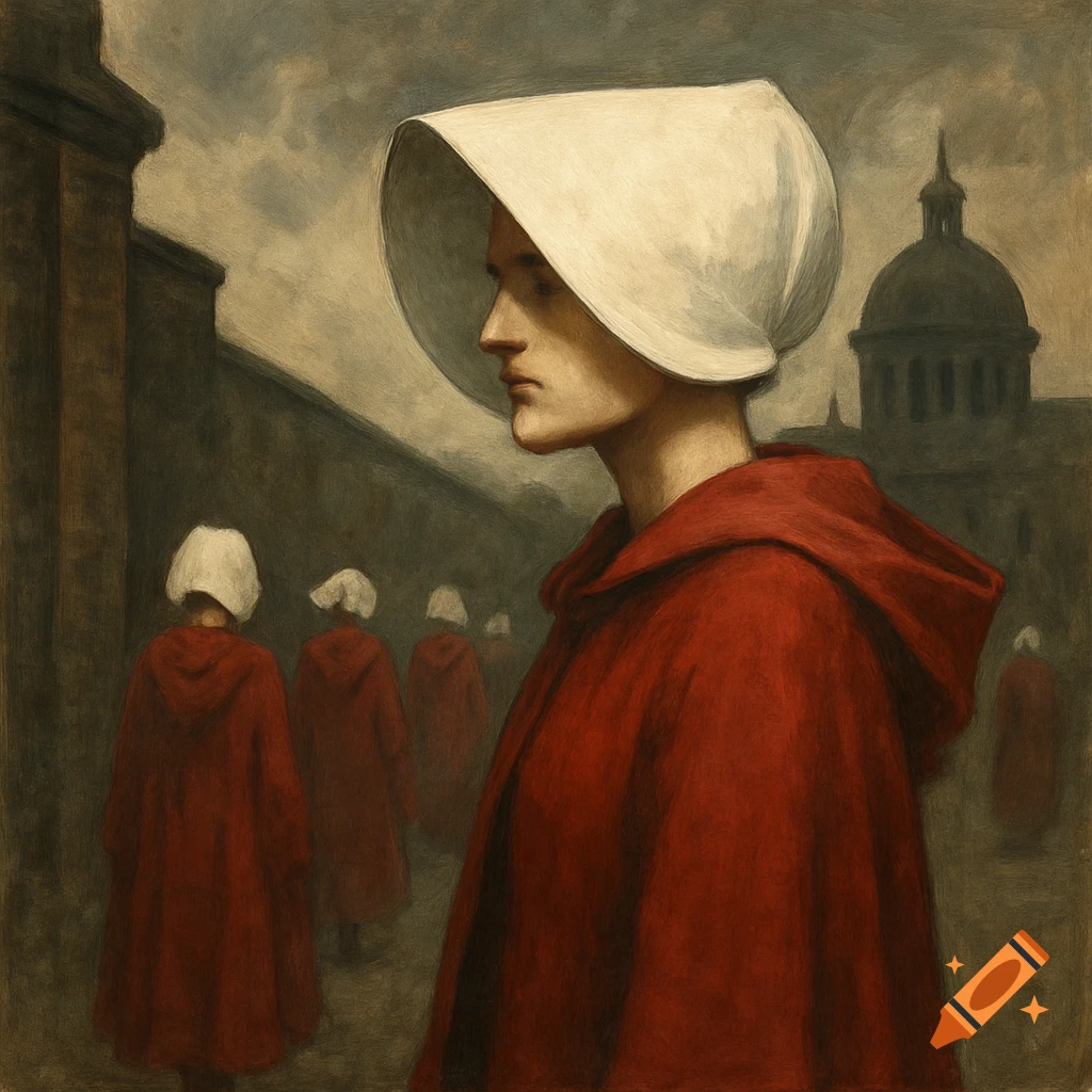 Profile of a woman in a red cloak and white bonnet, with other figures and a domed building in a gritty painting style.