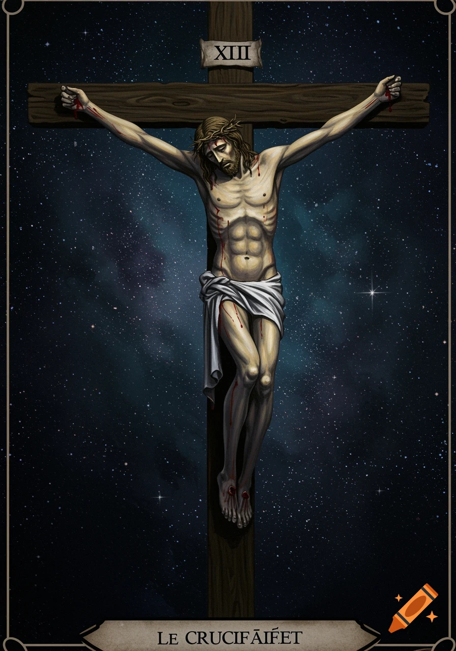 A stylized depiction of Jesus Christ crucified on a wooden cross against a starry night sky, with the Roman numeral XIII at the top and text at the bottom. Blood drips from his wounds.