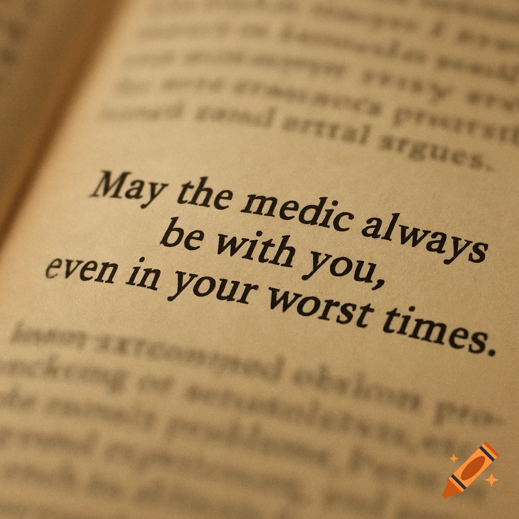 Close-up of an open book page, showing the phrase 'May the medic always be with you, even in your worst times' in focus.