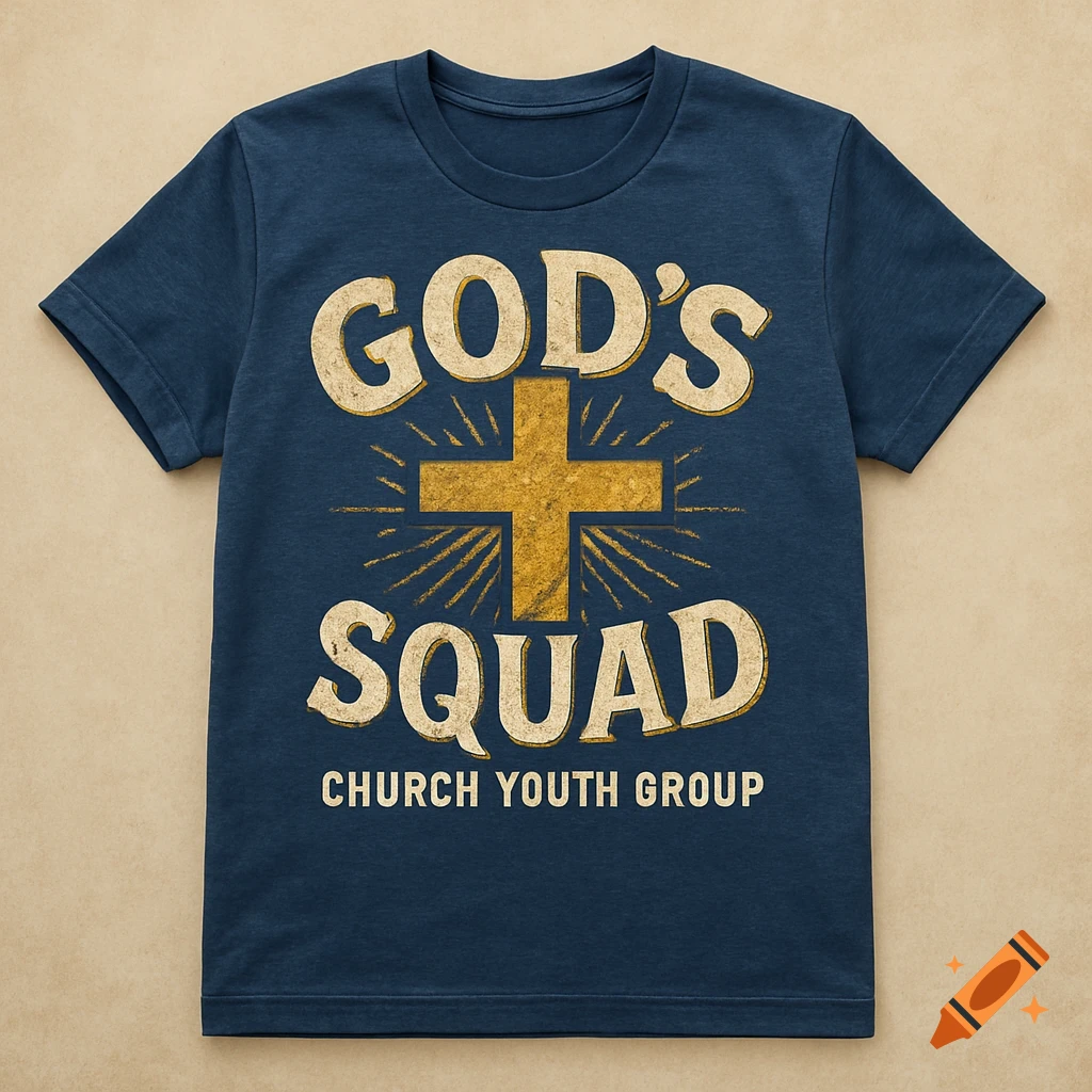 A blue t-shirt with 'GOD'S SQUAD' in distressed gold letters, a gold cross, and 'CHURCH YOUTH GROUP' below it.