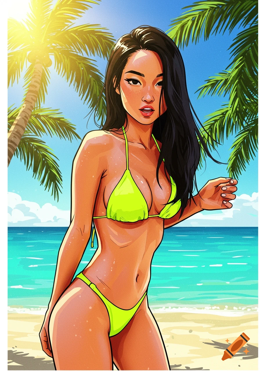 An illustrated woman in a neon green bikini stands on a sunny beach with palm trees and blue ocean.