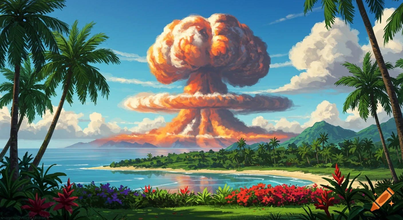 A large orange and white mushroom cloud from a nuclear explosion rises above a vibrant tropical island with palm trees, a beach, and blue water, in an illustrative style.