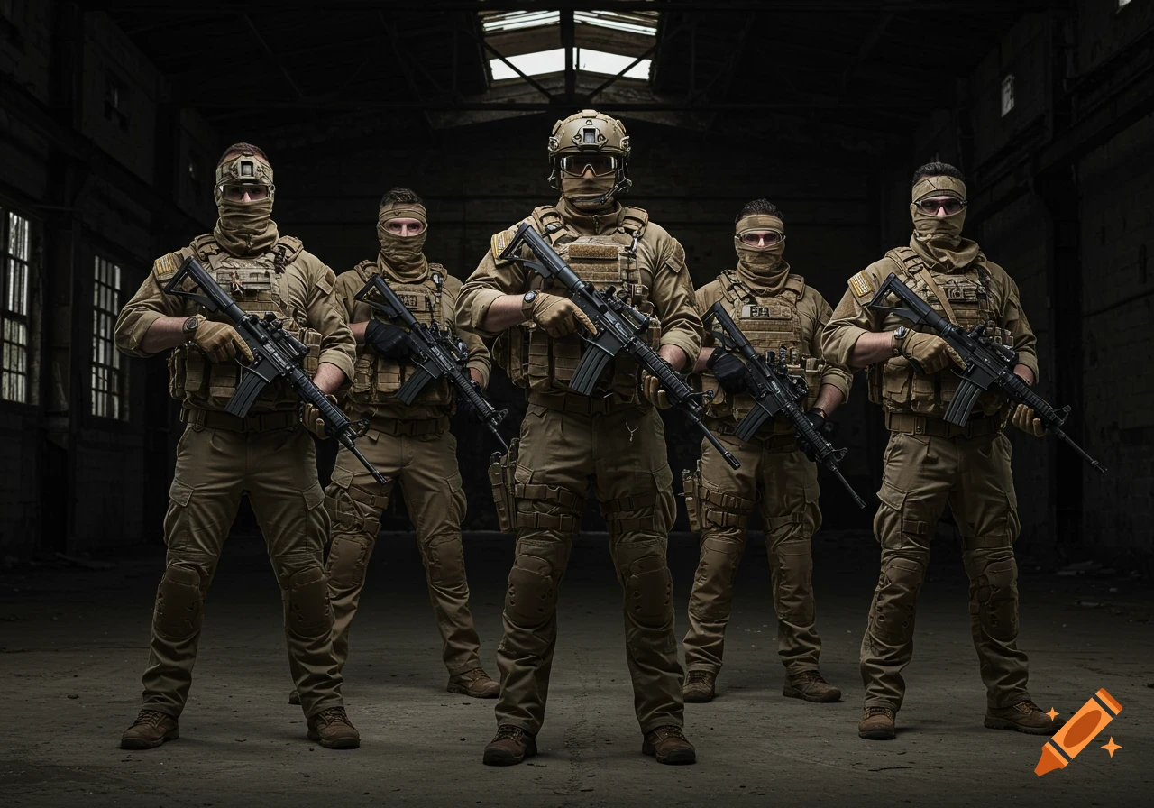 Five special forces soldiers in tactical gear with rifles stand in a dark, abandoned building, photorealistic.