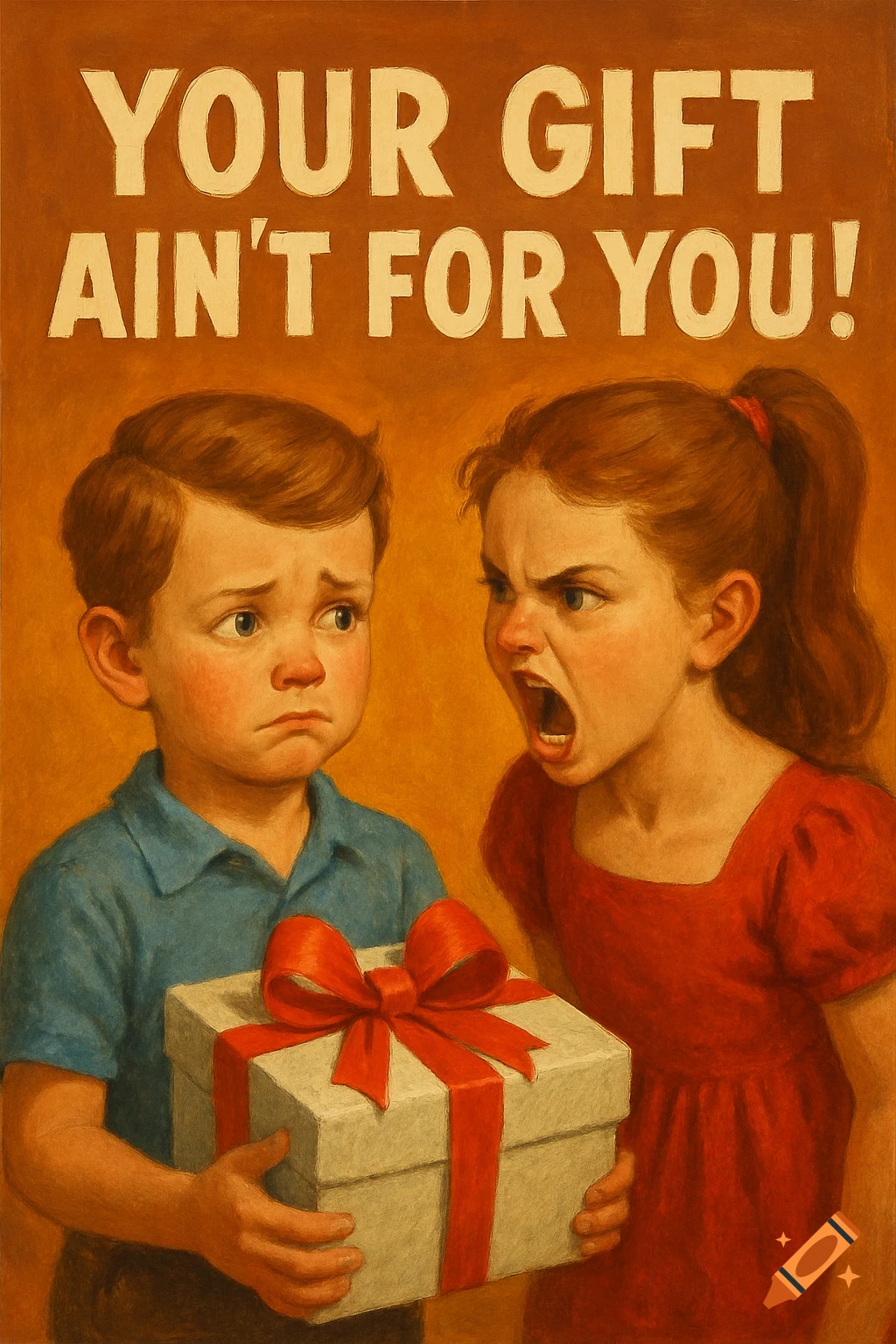 A sad boy holds a gift while an angry girl shouts at him, with text above reading 'YOUR GIFT AIN'T FOR YOU!' in a retro art style.