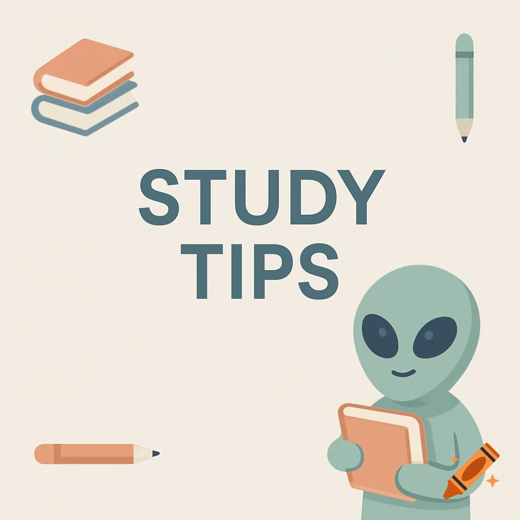 Minimalist illustration of a friendly alien holding a book, surrounded by books and pencils, with 'STUDY TIPS' text.