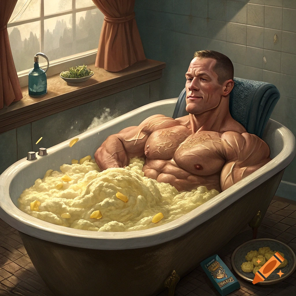 John Cena relaxes in a bathtub filled with potato salad, with a bowl of food and a window in the background.