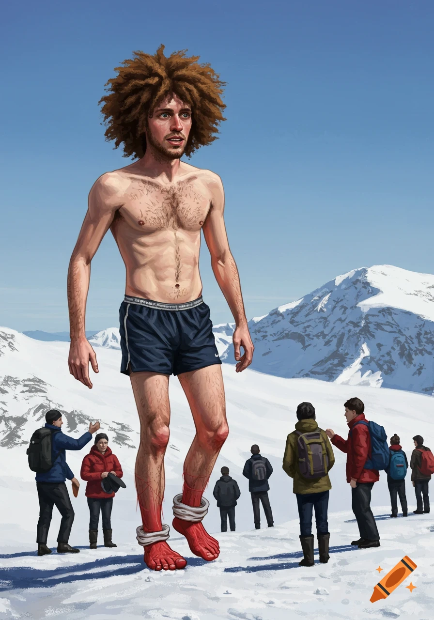 A giant man with an afro, shirtless, in shorts and red swollen feet stands on a snowy mountain with smaller people looking at him.