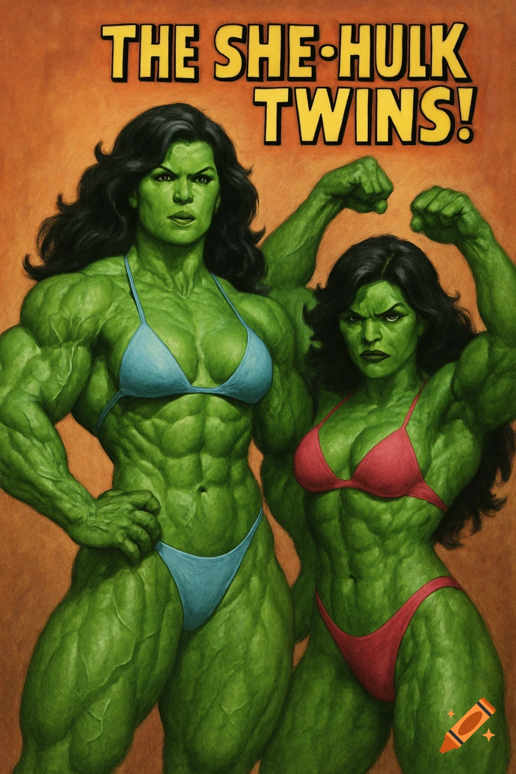 Two green-skinned female bodybuilders, the She-Hulk Twins, in bikinis, one standing and one flexing, with a comic book title 'THE SHE-HULK TWINS!'