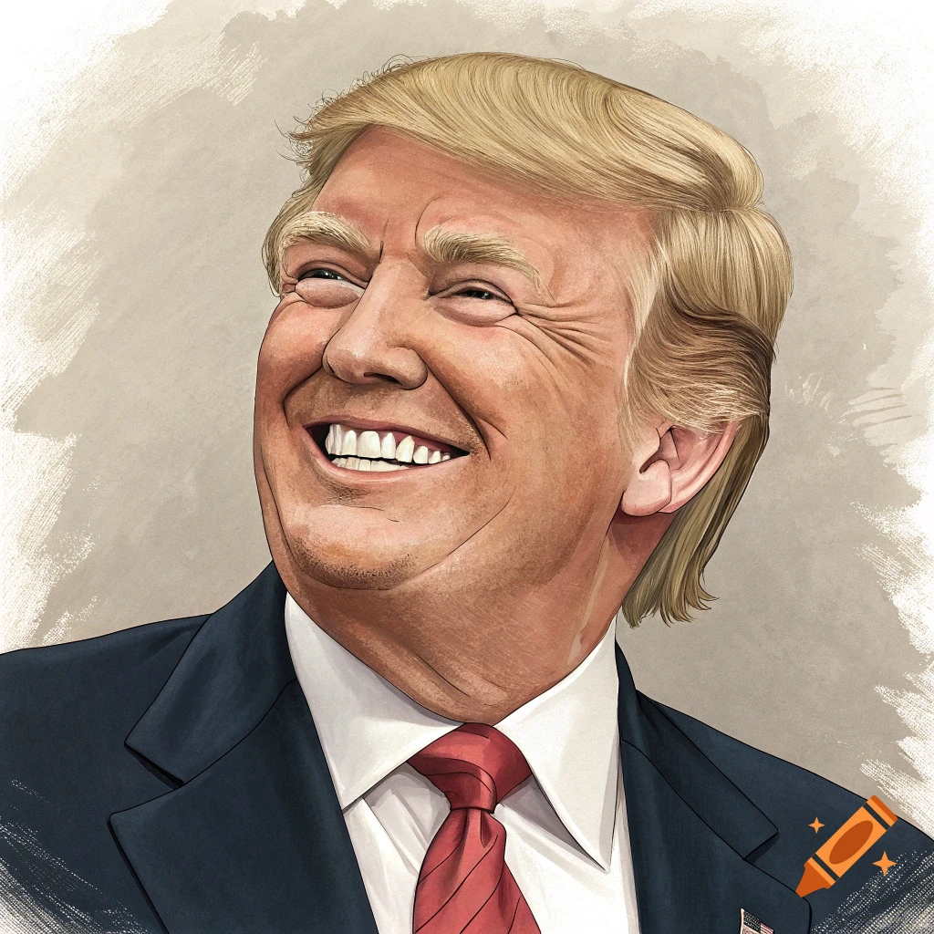 Caricature portrait of Donald Trump smiling in a dark suit and red tie against a light background.
