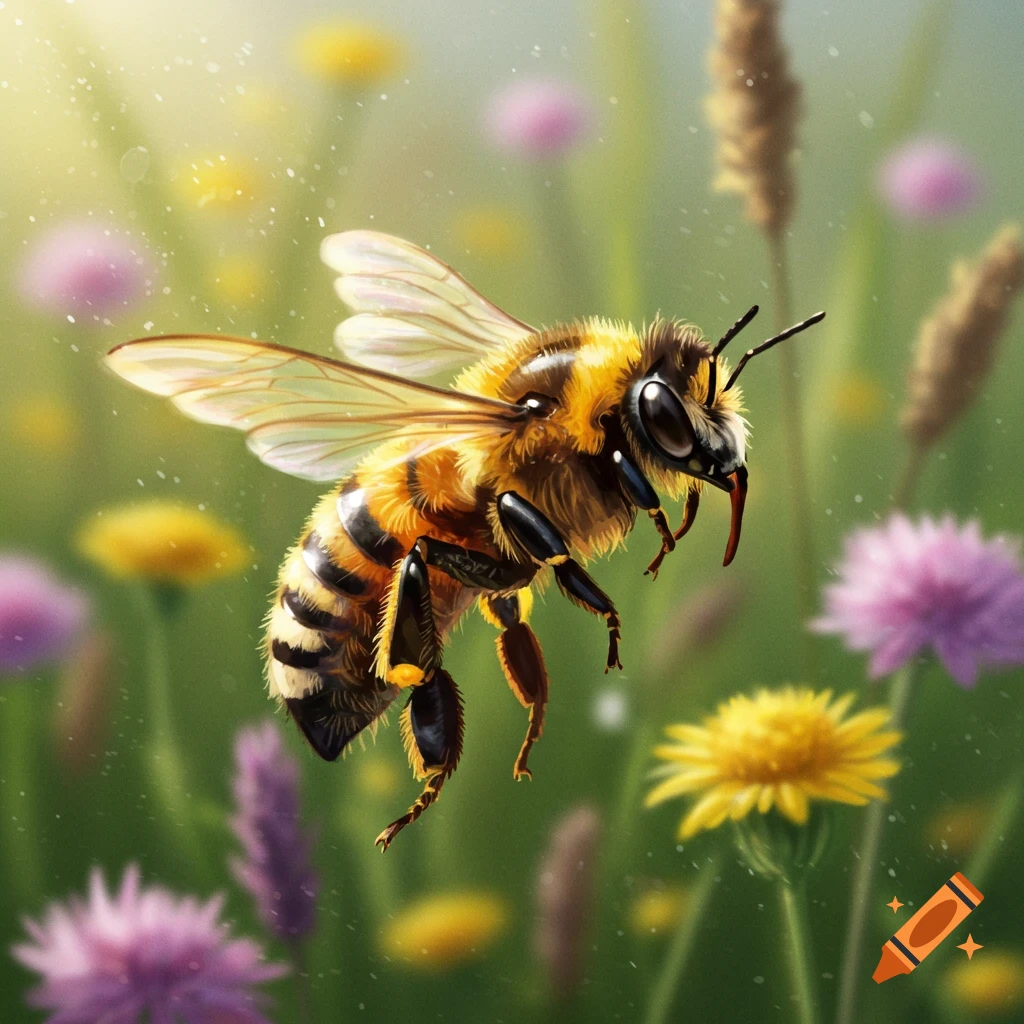 A detailed bee with translucent wings and a furry body flies in a sunny field among blurry yellow, pink, and purple flowers.