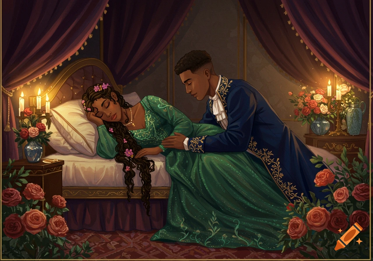 An African American prince watches over a sleeping princess in a lavish, candlelit bedroom adorned with flowers, in a fantasy art style.