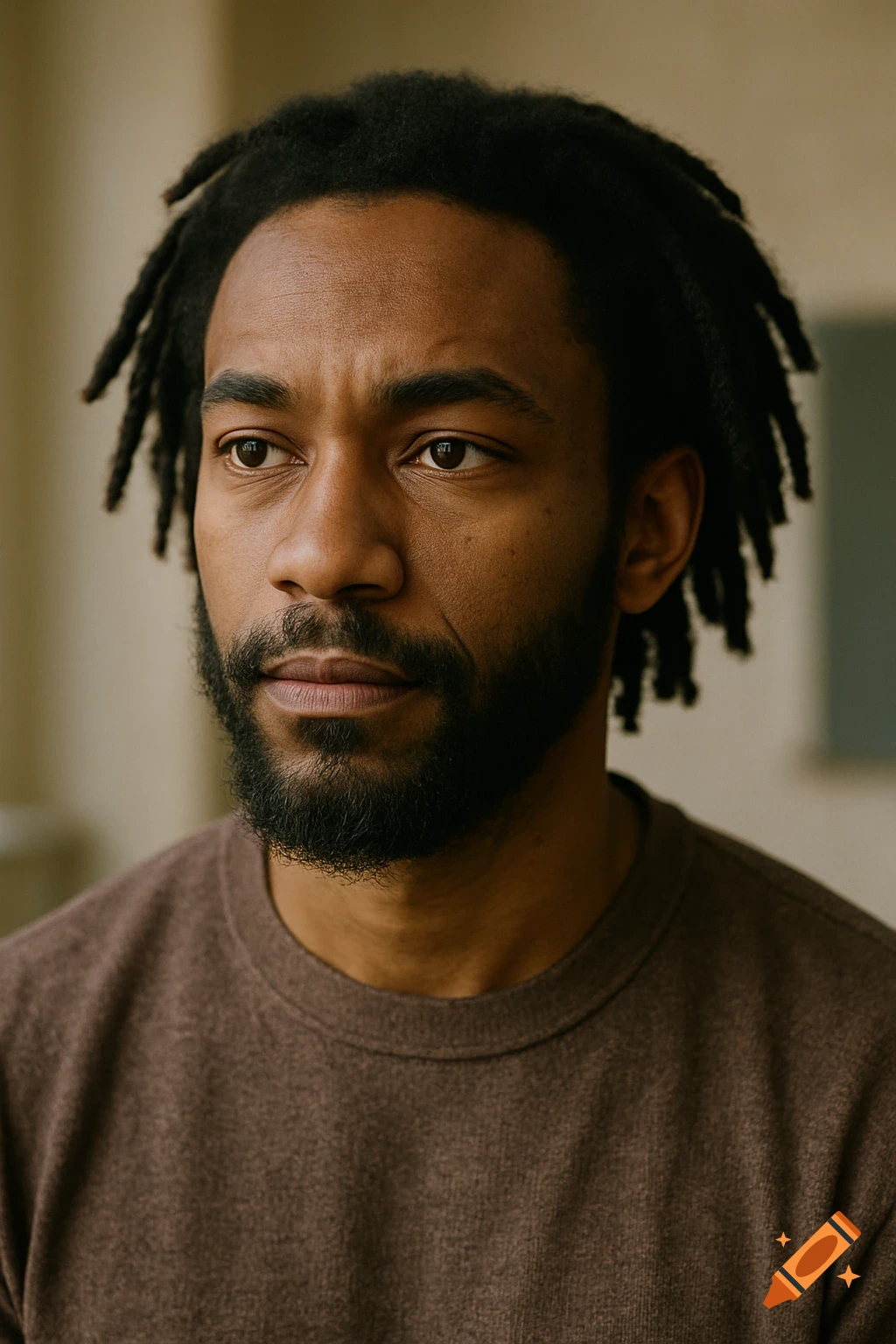 A photorealistic portrait of a Black man with dreadlocks and a beard, wearing a brown shirt, looking off to the right.