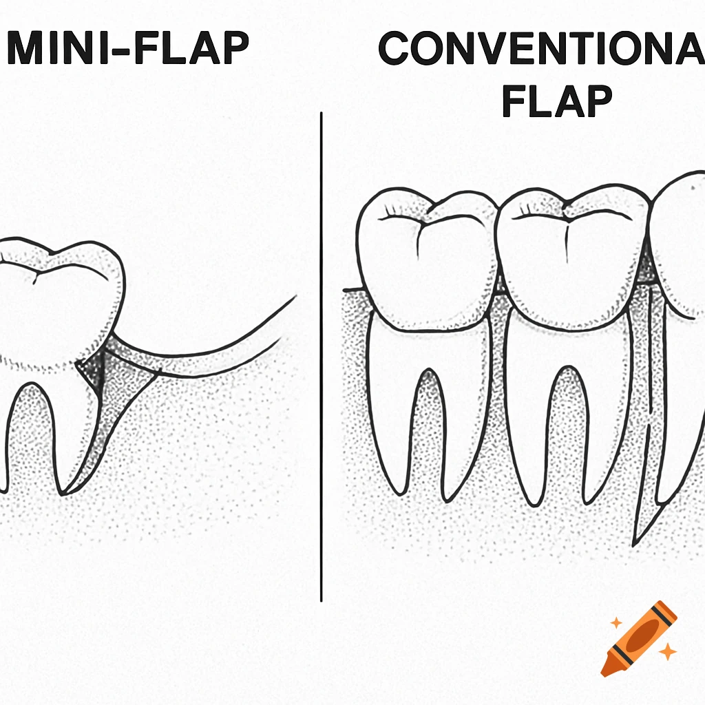 A black and white diagram showing two dental procedures: Mini-Flap and Conventional Flap, with teeth and gums.