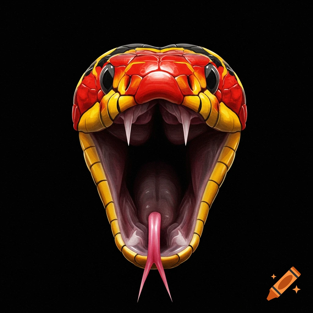 Close-up illustration of a red and yellow coral snake head with its mouth wide open, revealing fangs and a pink forked tongue, against a black background.