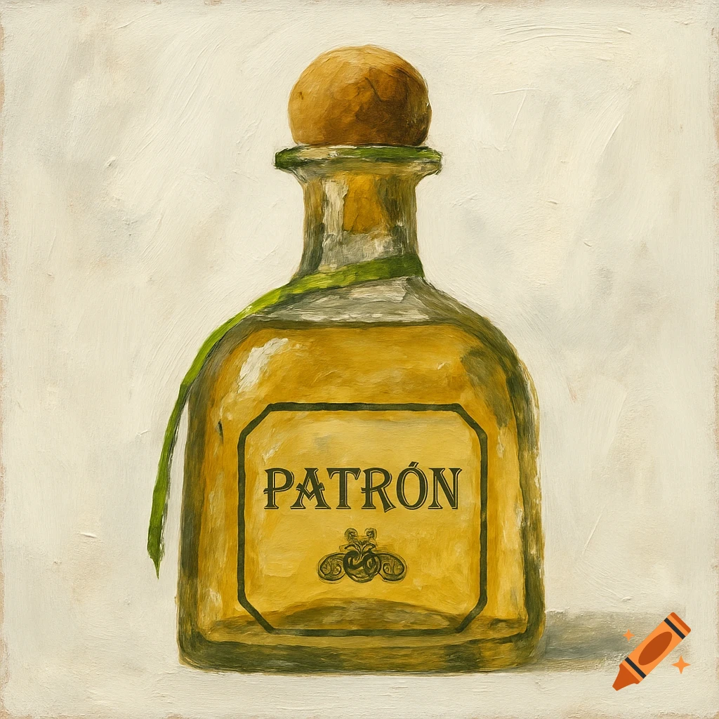 Oil painting of a Patron tequila bottle with a cork stopper and green ribbon on a light background.