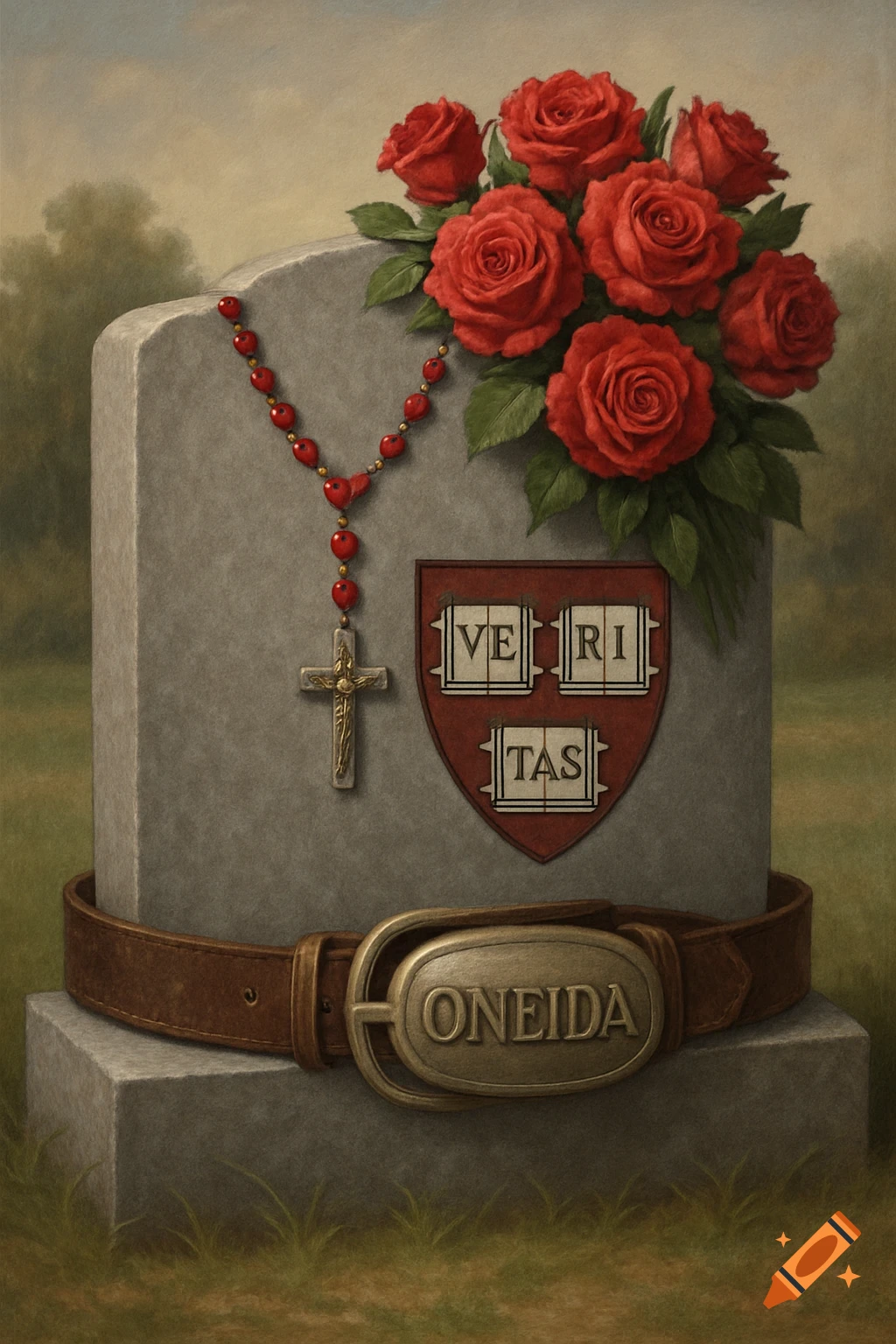 A grey headstone with a bouquet of red roses, a rosary, a Harvard shield, and an 'ONEIDA' belt buckle, in a painted style.