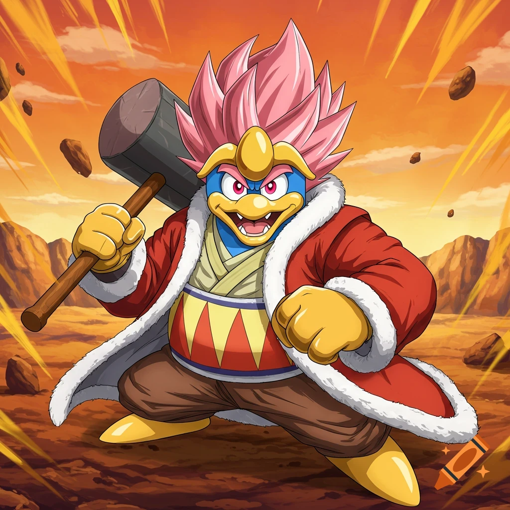 King Dedede with pink spiky hair and an angry expression, holding a hammer, in a dynamic pose against an orange, rocky background with power lines.