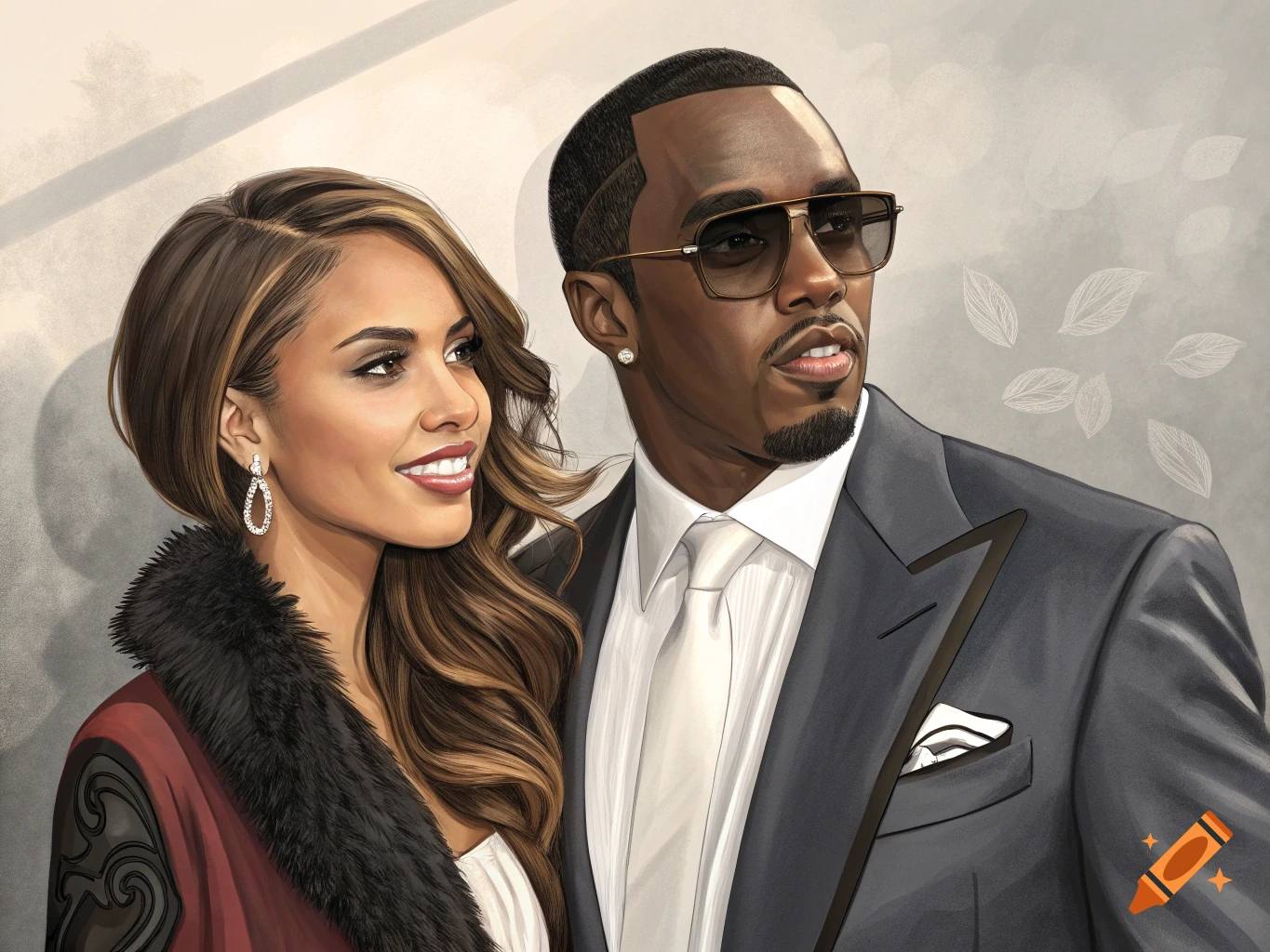 A stylized illustration of Sean Combs wearing sunglasses and a suit next to a smiling woman in a fur-trimmed coat and earrings.