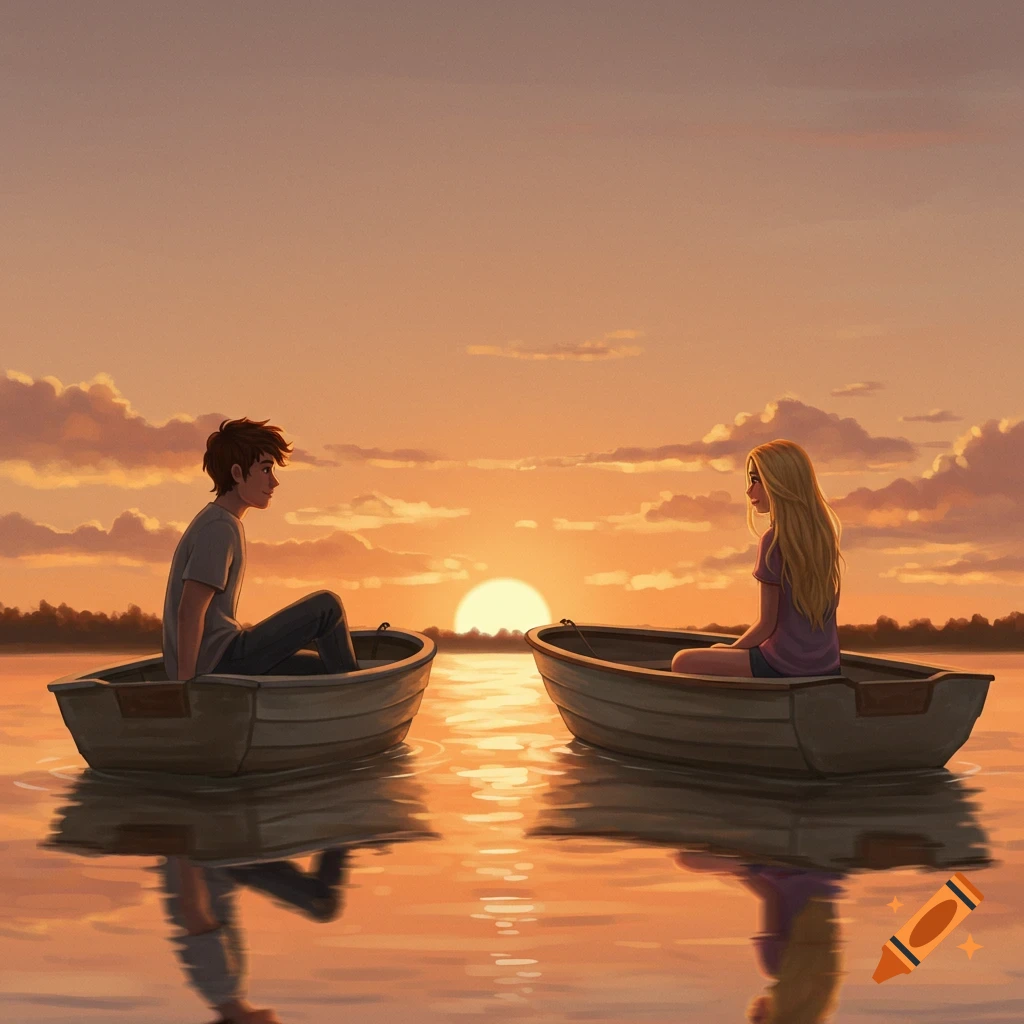 An illustration of a young man and woman sitting in separate boats on a calm lake, looking at each other during a beautiful sunset.