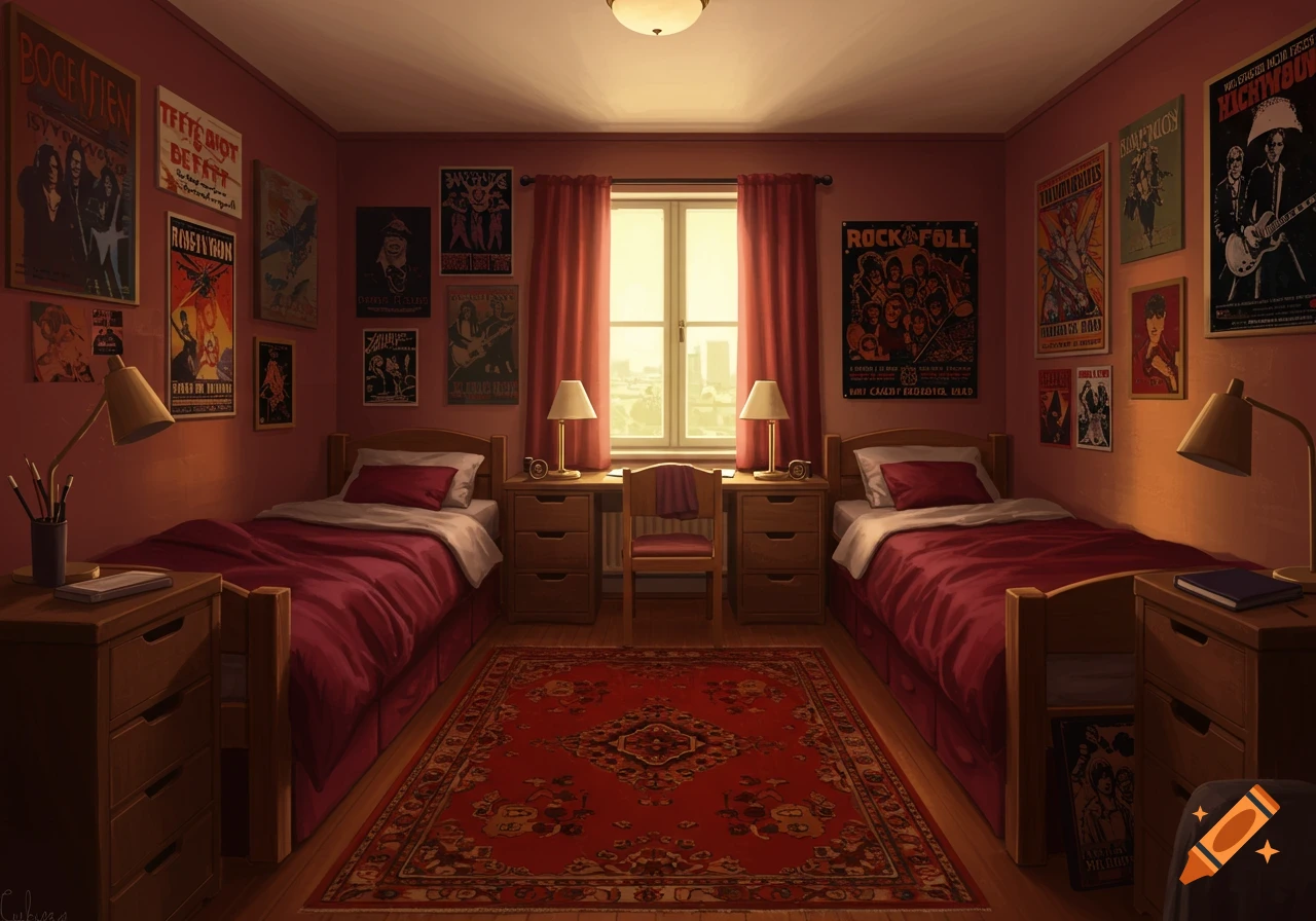 An illustrated dorm room with two beds, two desks, a red carpet, and red curtains. Posters adorn the burgundy walls.
