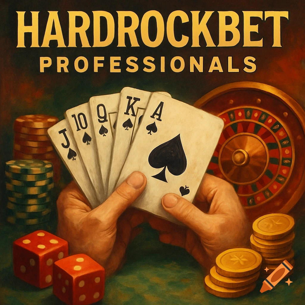 A painting of hands holding a royal flush poker hand, surrounded by casino chips, dice, and a roulette wheel, with 'HARDROCKBET PROFESSIONALS' text.