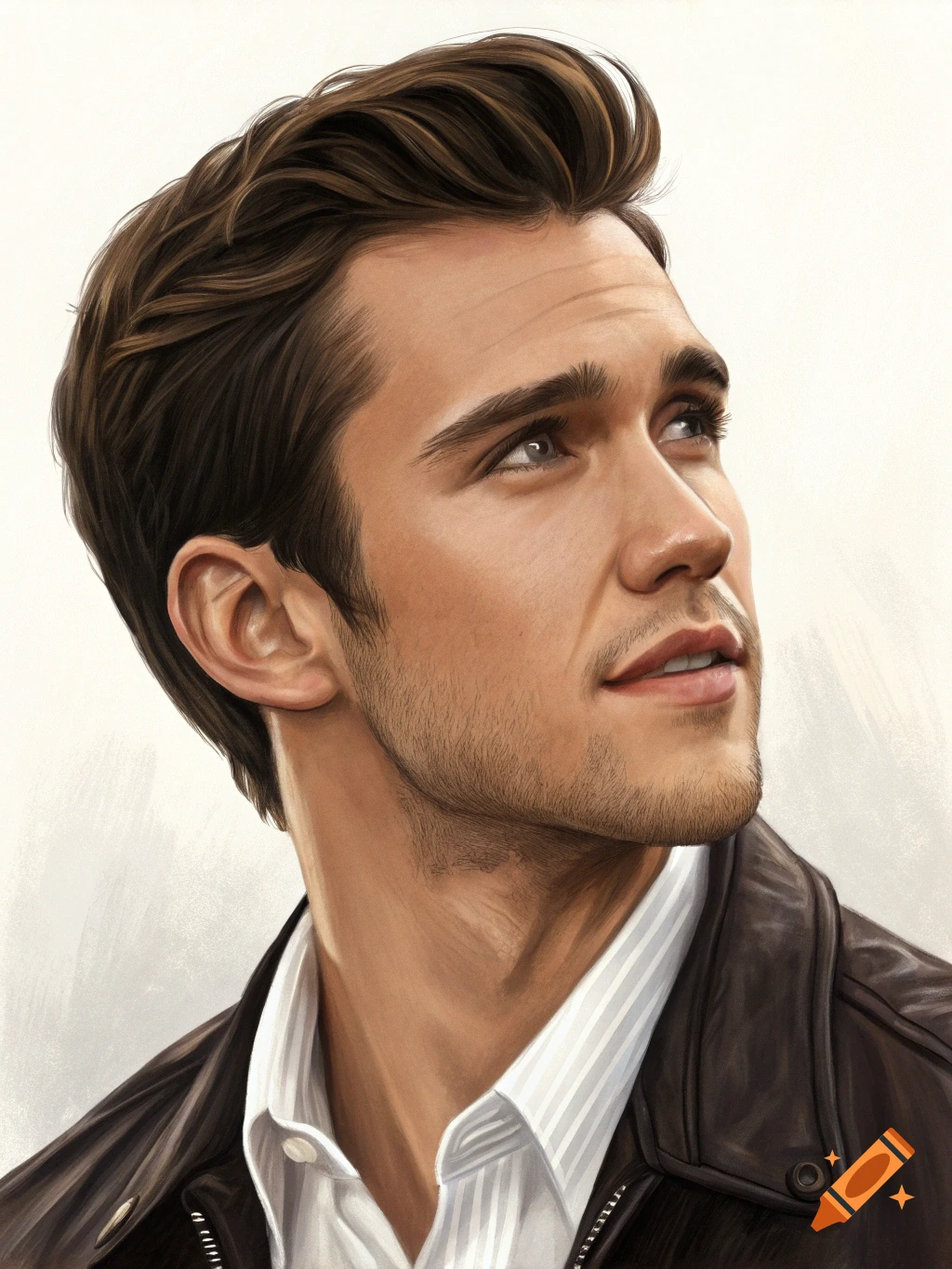 A realistic digital portrait of a man with brown hair and stubble, wearing a white striped shirt and brown leather jacket, looking upwards.