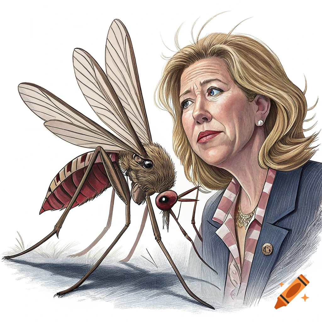 Illustrated caricature of a mosquito with the face of Marjorie Taylor Greene, looking up.