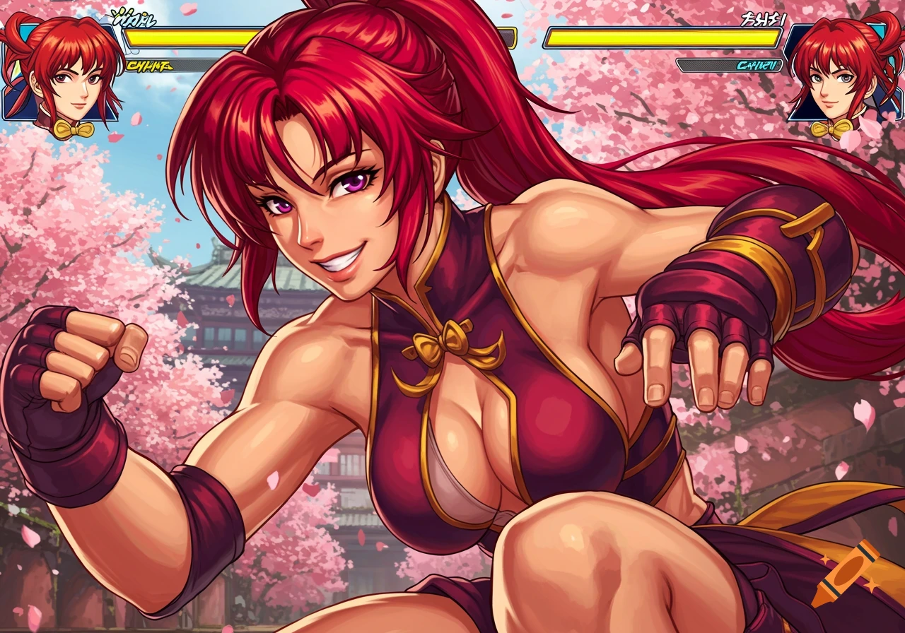 A female fighting game character with red hair, purple eyes, and a muscular build, wearing a red and gold outfit, stands in a fighting pose against a backdrop of cherry blossoms and a temple.