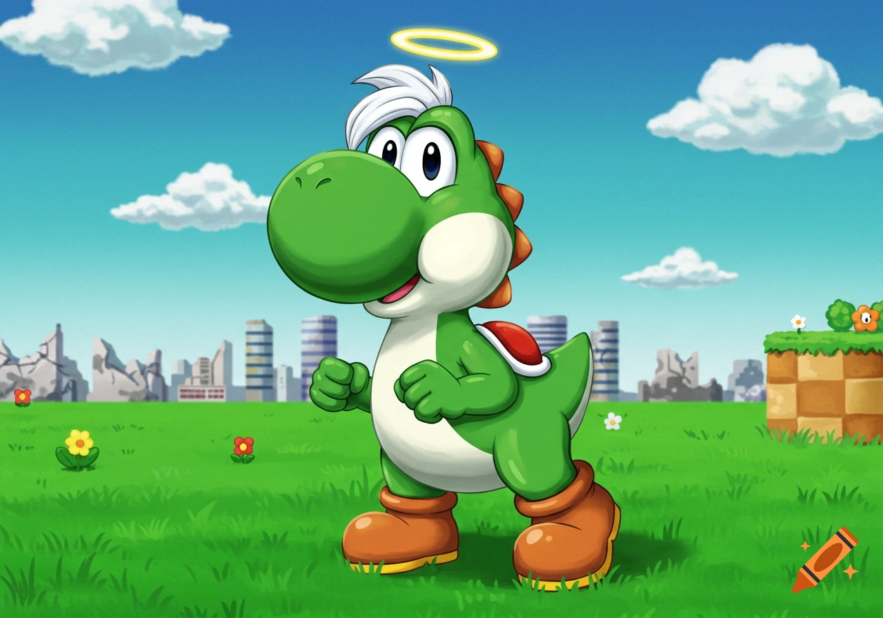 A cartoon Yoshi character with white hair and a halo stands in a bright green field with a city and classic Mario block in the background.
