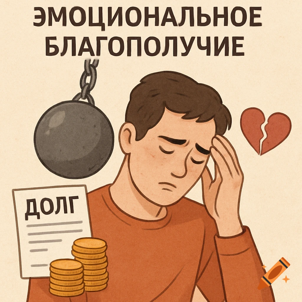An illustration of a distressed man with a broken heart, a ball and chain, a paper with 'Debt' and coins, representing financial burden and emotional distress.