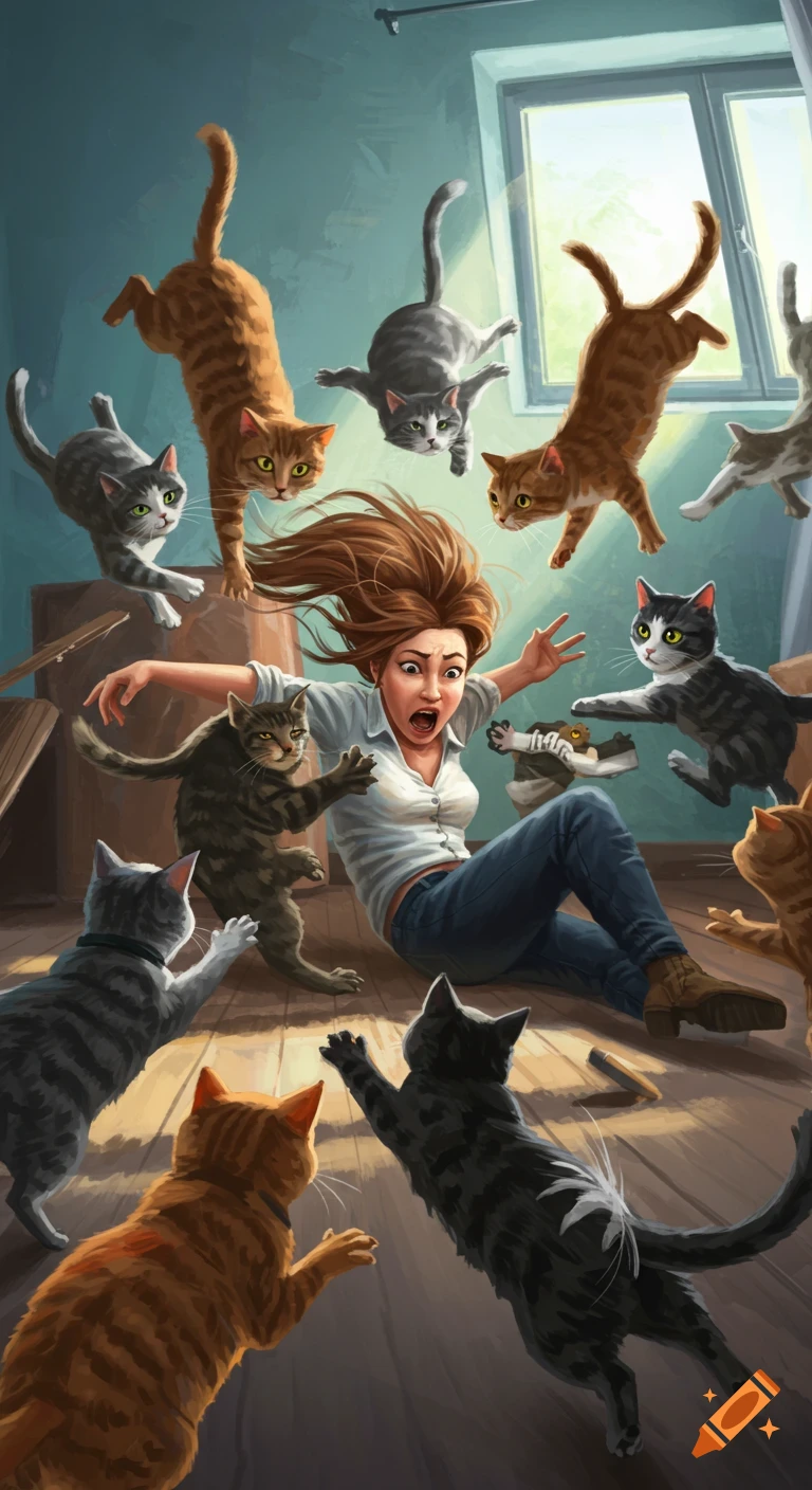 A woman screams in panic as many cats leap, claw, and fly around her in a chaotic indoor scene, rendered in a cinematic style.