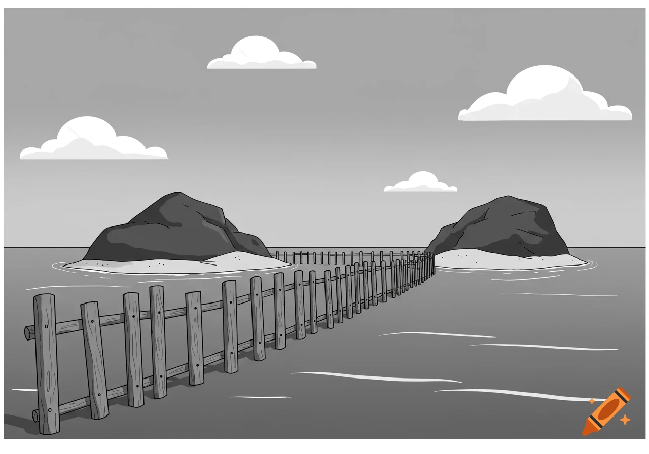Grayscale cartoon illustration of two islands with a wooden fence extending between them across the ocean under a cloudy sky.