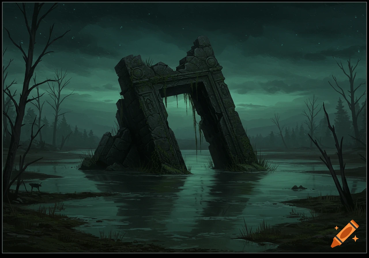 A ruined, tilted stone archway rises from a shallow, reflective lake at night in a dark fantasy landscape with bare trees and a small deer.