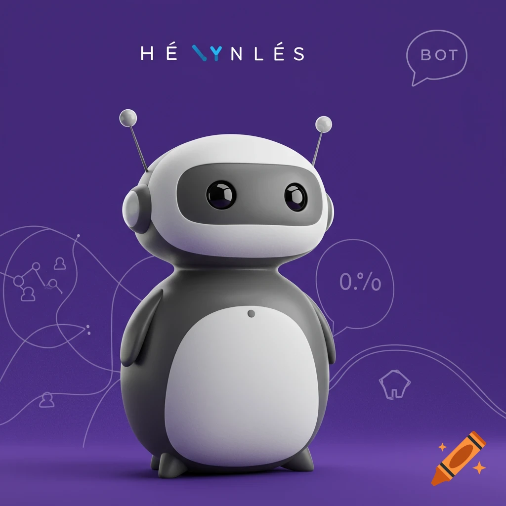 A cute 3D rendered gray and white robot with antennas and large eyes on a purple background with abstract lines.