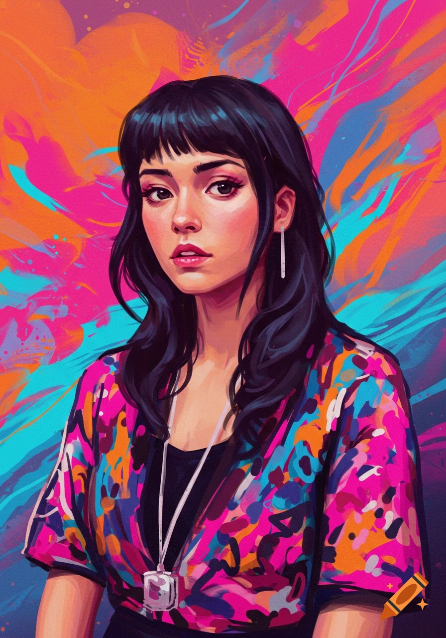 Digital art portrait of a woman with dark hair in a vibrant, abstract patterned shirt against a colorful background.