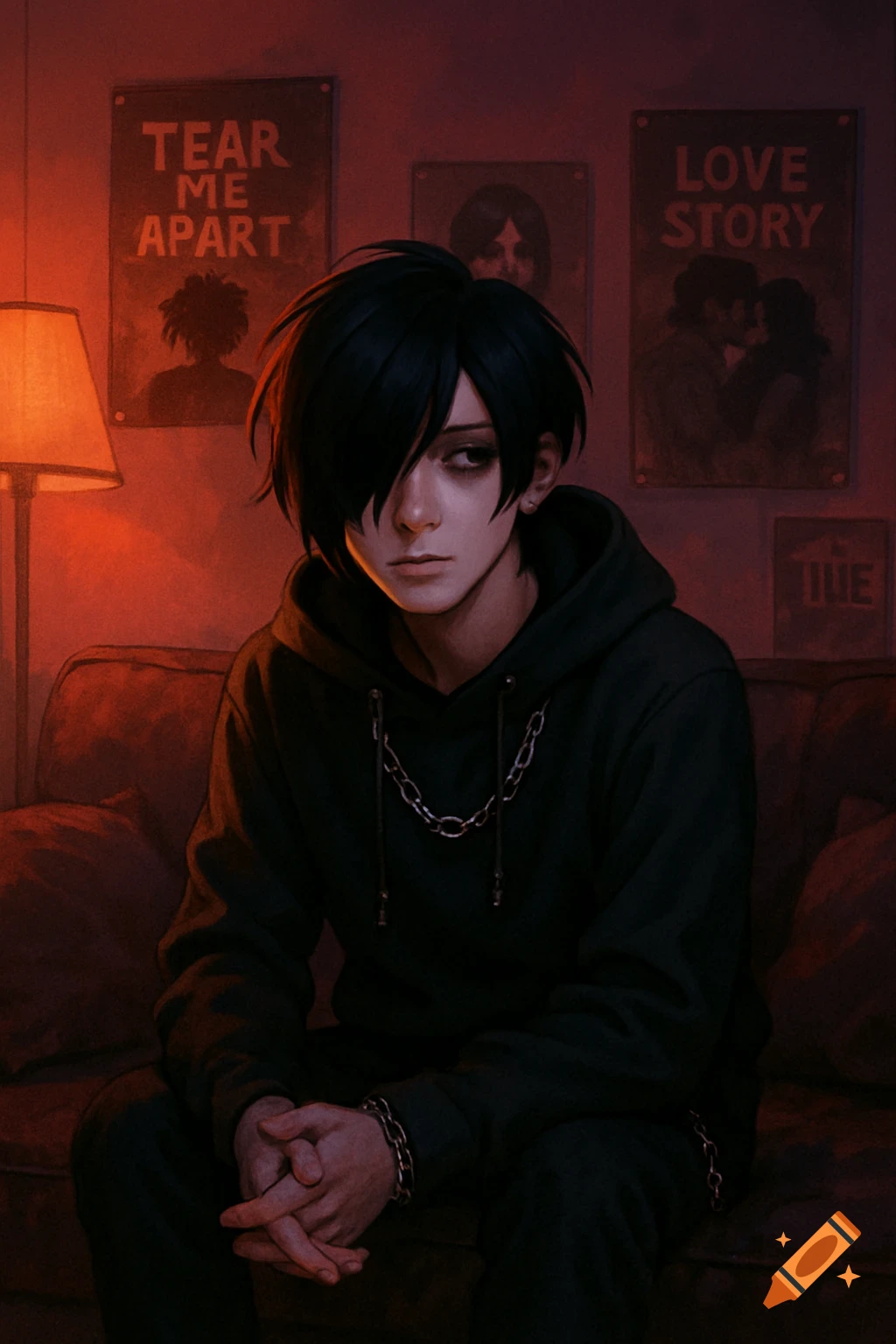 A moody emo boy with black hair and a hoodie sits on a couch in a red-lit room with posters.