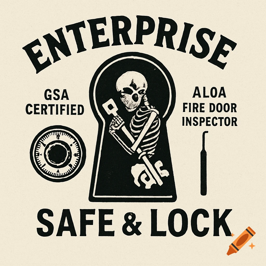 Monochrome logo: 'Enterprise Safe & Lock' with skeleton holding key in keyhole. Text 'GSA Certified', 'ALOA Fire Door Inspector'.