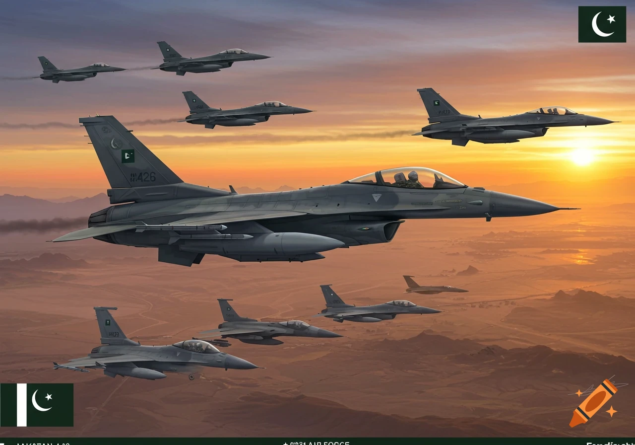 Photorealistic image of Pakistani F-16 fighter jets flying in formation over a mountainous desert landscape at sunset.