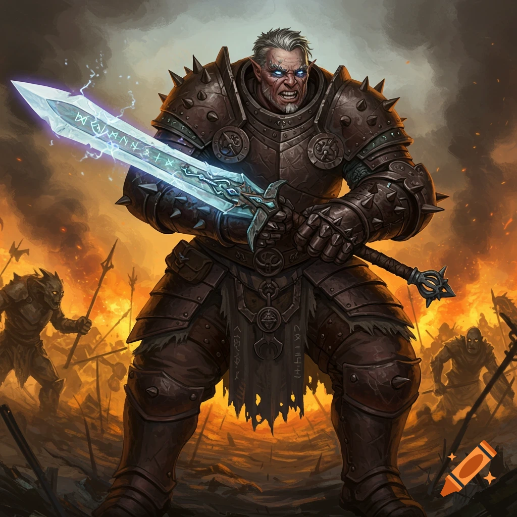 An armored warrior with glowing blue eyes holds a luminous sword in a battle-torn landscape with flames and other warriors in the background.