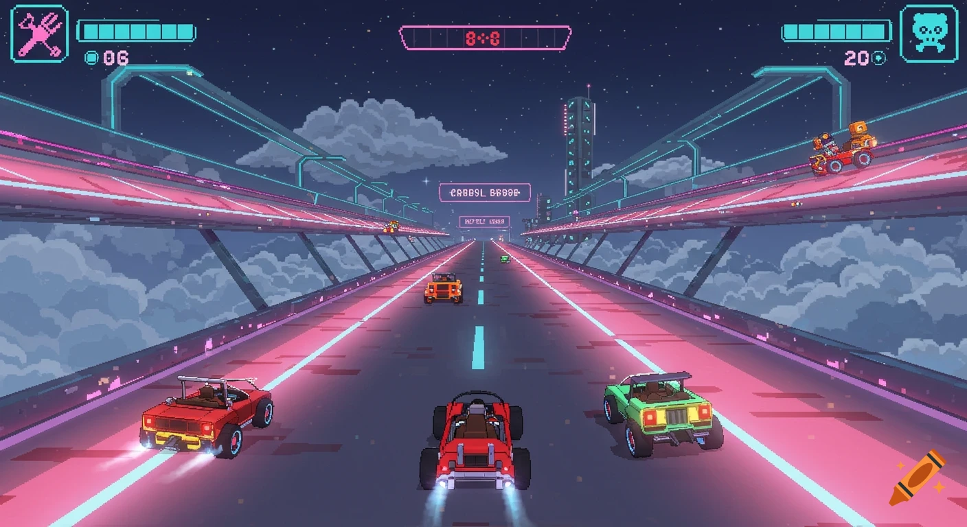A pixel-style racing game with multiple cars on a neon-lit track above clouds at night. Futuristic cityscapes are in the distance.
