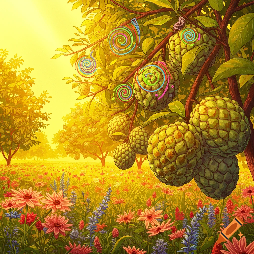 Sunny garden with sugar apple trees featuring colorful, patterned fruit, and a field of pink and purple flowers under a bright yellow sky.