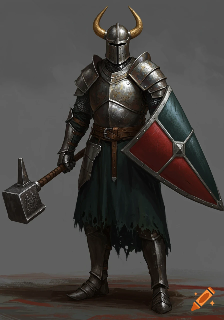 A knight in heavy dark armor with golden horned helmet, holding a warhammer and a red and teal shield in a dark fantasy art style.