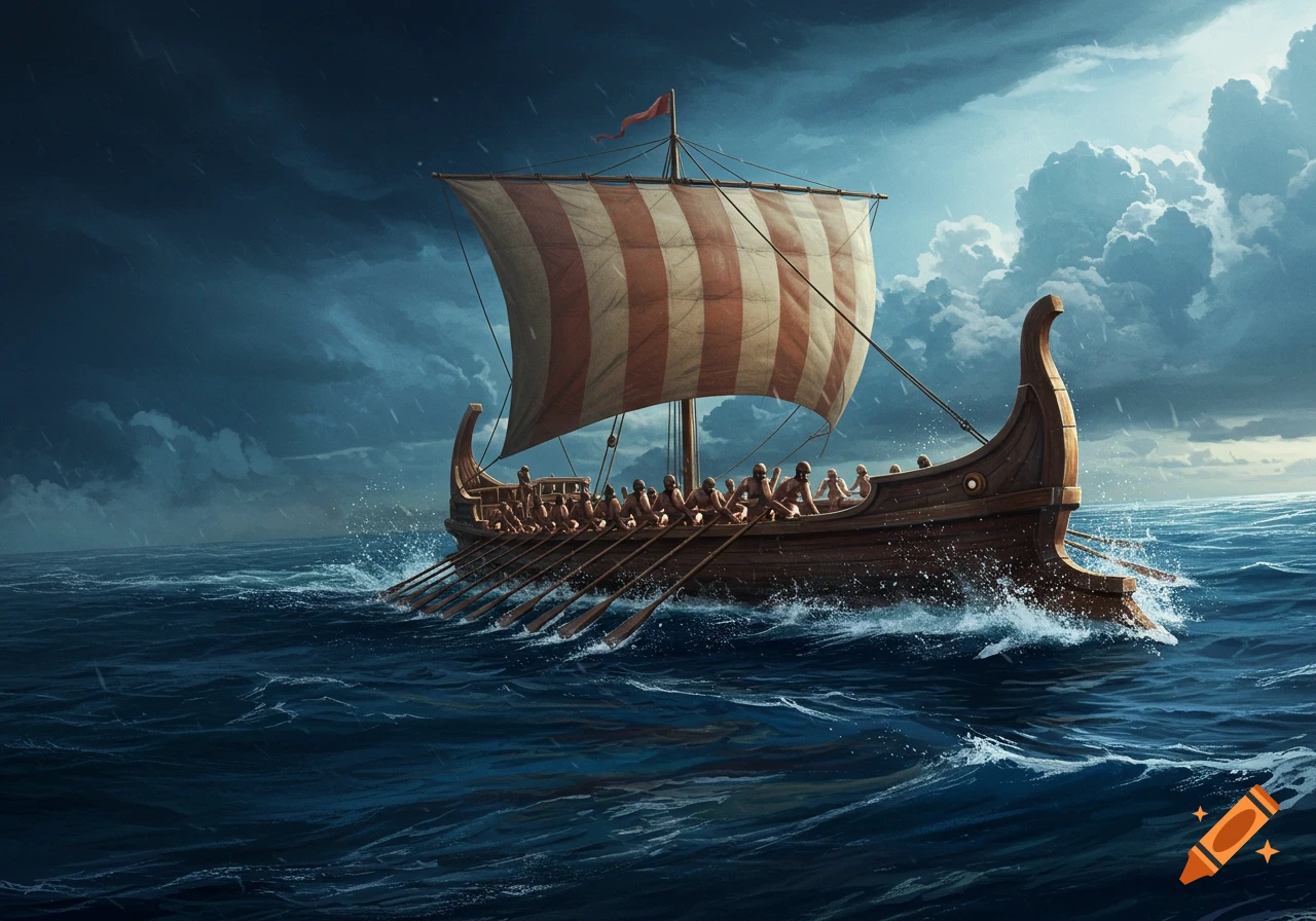 An ancient wooden longboat filled with rowers navigates a stormy dark blue sea under a dramatic, cloudy sky.