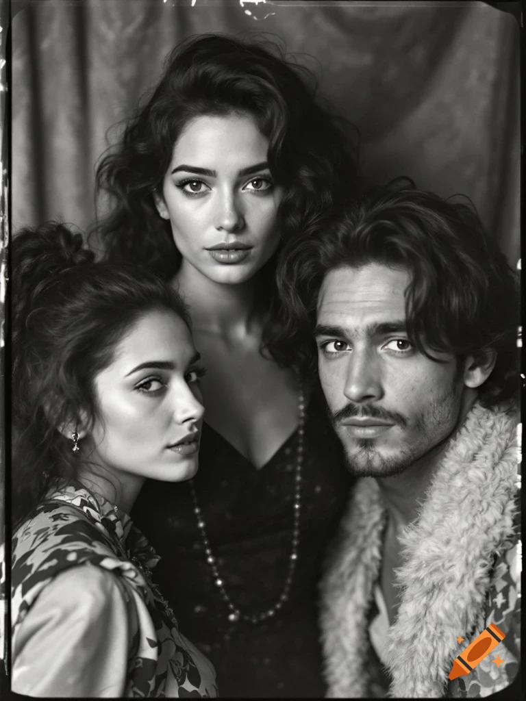 Black and white vintage portrait of two women and one man looking towards the viewer.